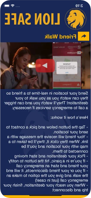 Screenshot of the friend walk in the Lion Safe app, a location sharing service to make sure companions arrive to their destinations safely.  