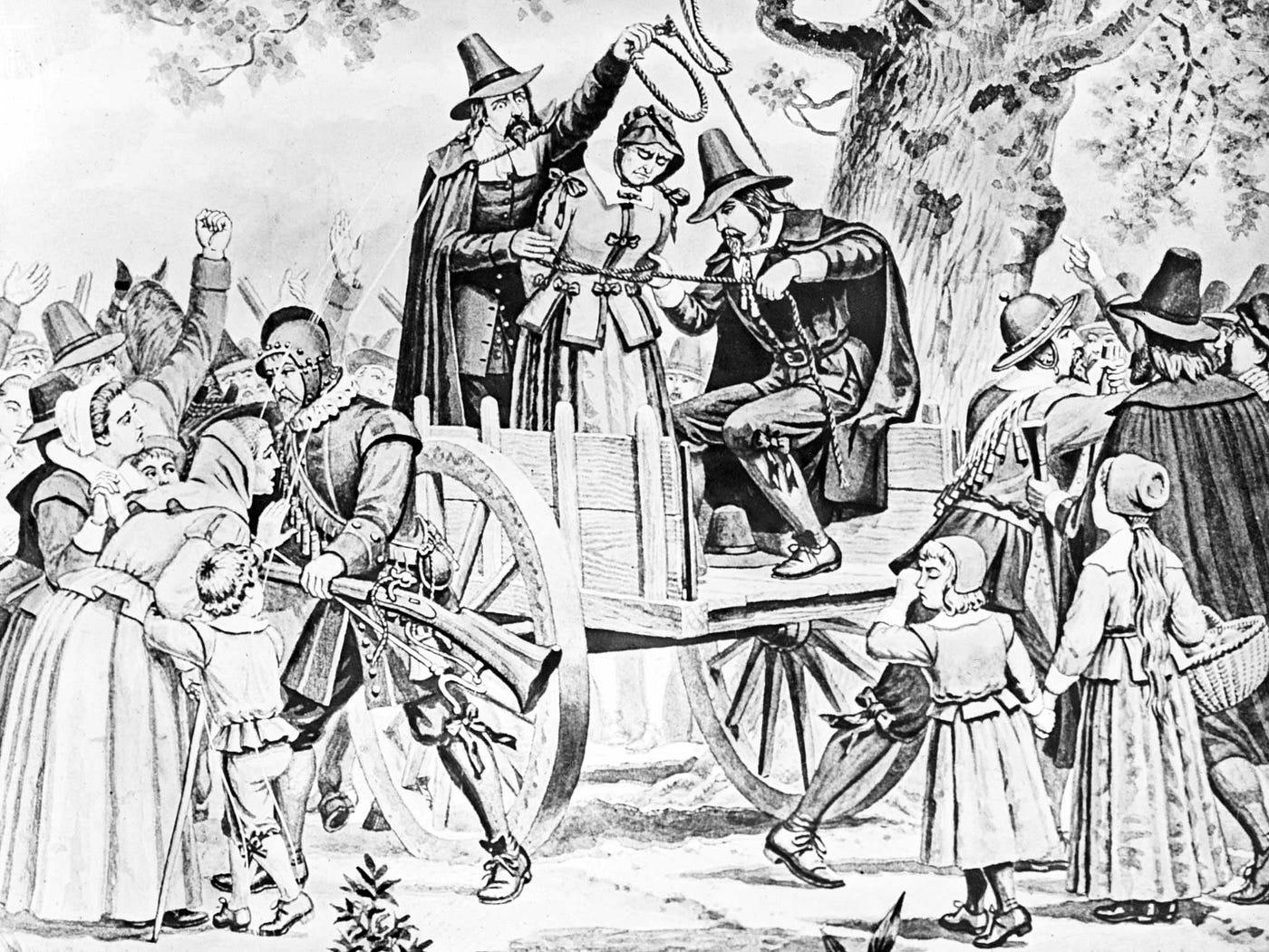 A black and white drawing of a crowd surrounding a woman being hung for witchcraft