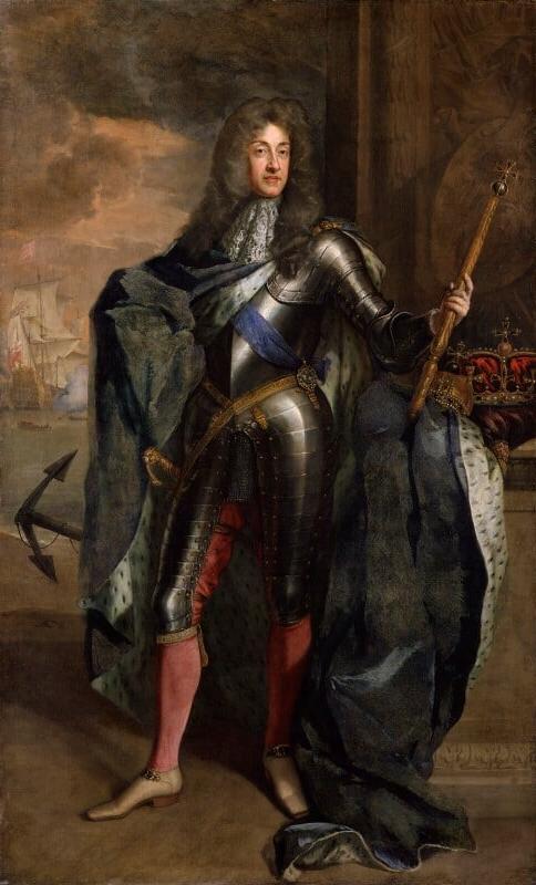 An oil painting of King James II, wearing armor and holding a scepter