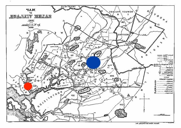 An old black and white map of Salem, with a blue dot near the center indicating Salem village and a red dot near the right corner indicating Salem town