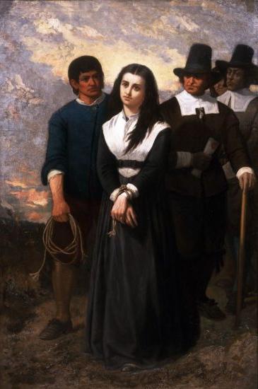 A painting scene depicts a woman with long dark hair, dressed in black and white, standing with her hands clasped. Behind her are three solemn men in 17th-century attire, one holding a coil of rope. The background is a cloudy sky, adding a somber mood.