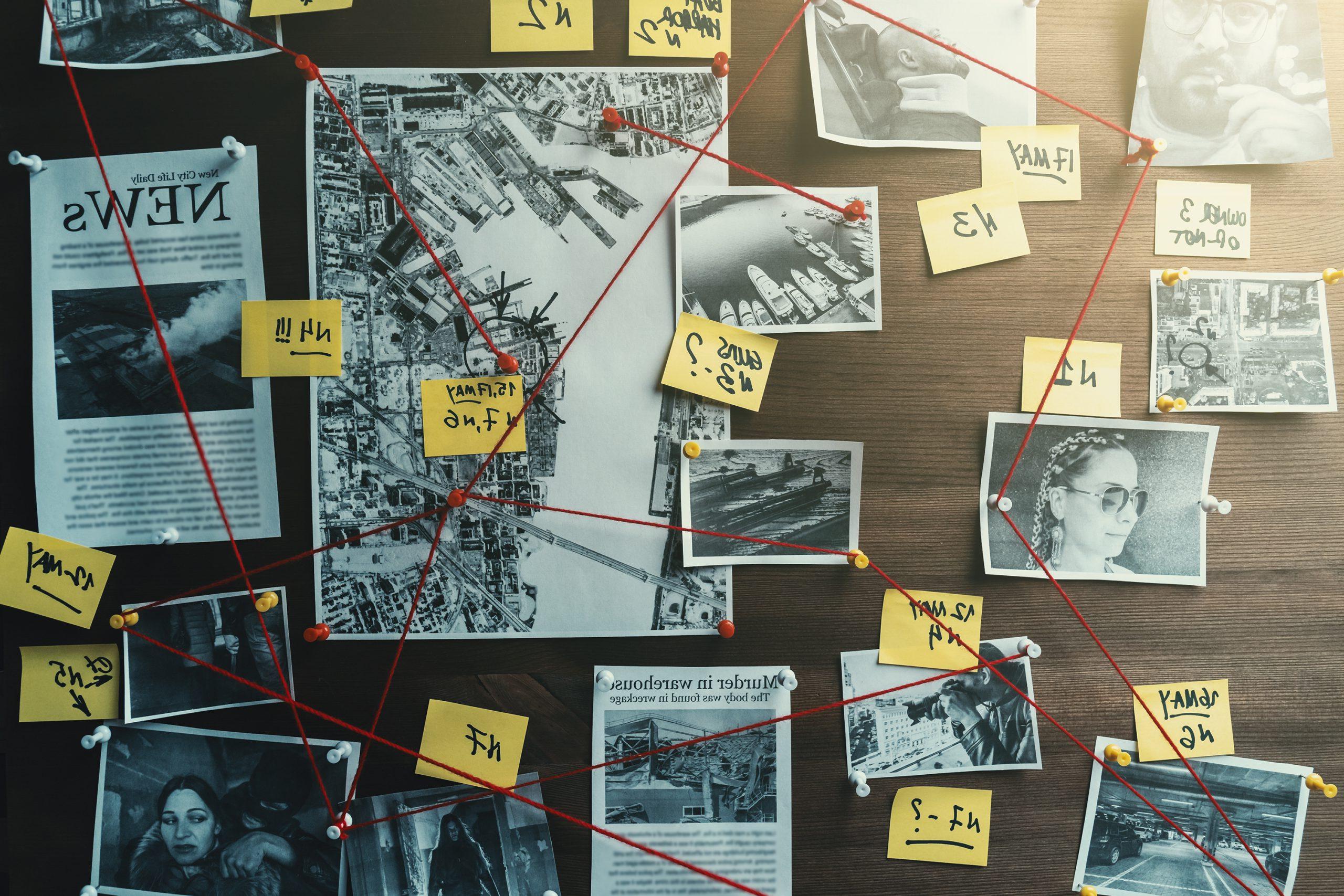 Detective board with photos of suspected criminals, crime scenes and evidence with red threads, retro toned